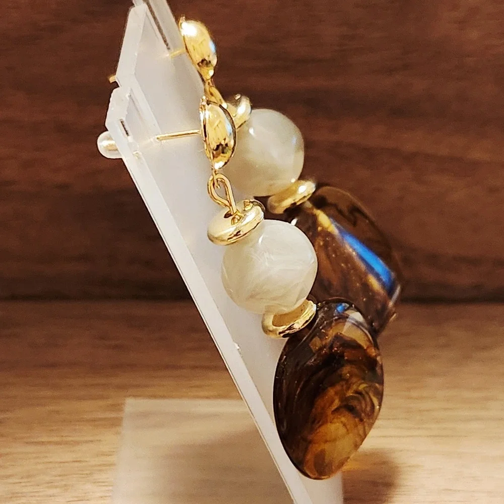 Amber Marbled Resin Drop Earrings‎ Gold Tone Ball Stud Dangle Bohemian Jewelry